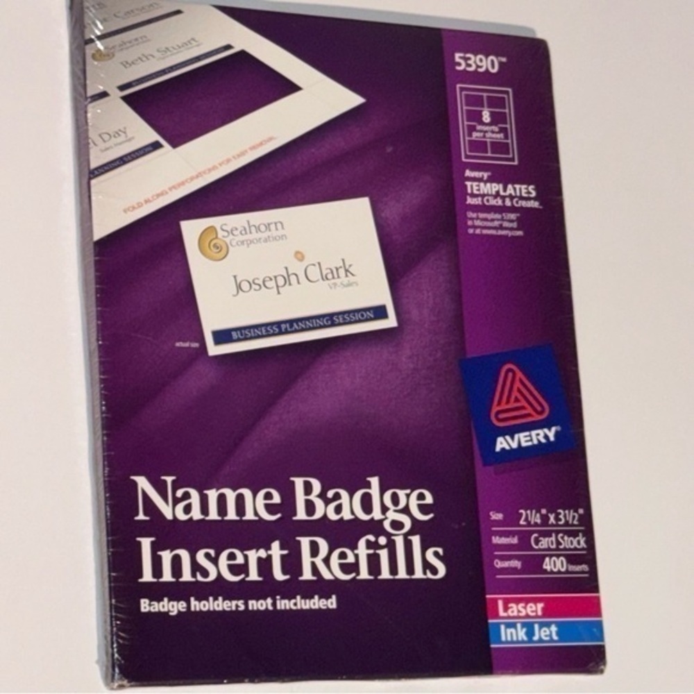 NWOT, Avery, Name Badge Insert‎ Refills, SZ 2 1/4” x 3 1/2”